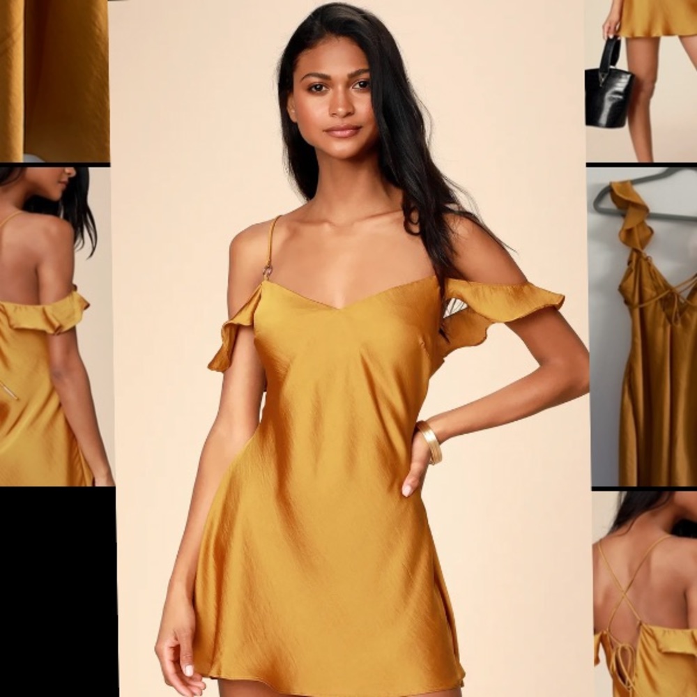 Free People What I Want Golden Yellow Satin Off-the-Shoulder Slip Dress